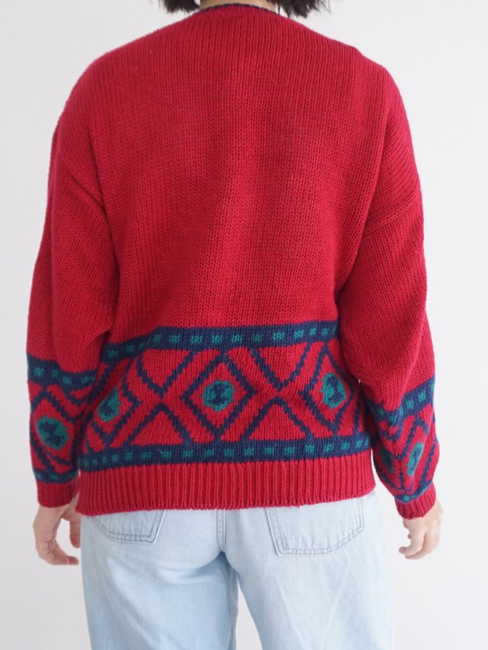 Vintage Gina Peters Red Geometric Knit Button Front Grandpa Cotton Cardigan M - Picture 2 of 9